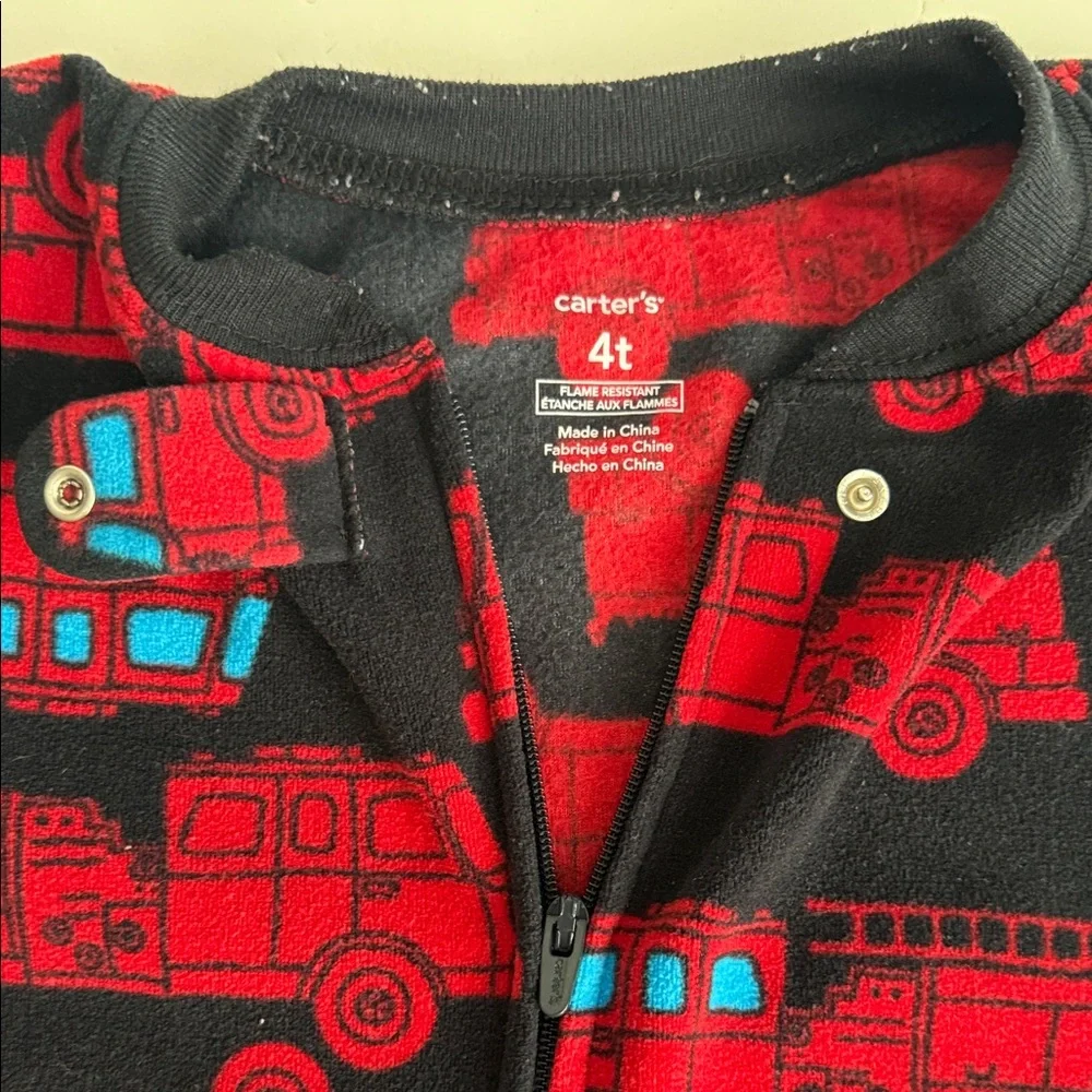 Carter’s Boys 4T Red and Black Fire Truck Fleece  Zip up Footed Pajamas